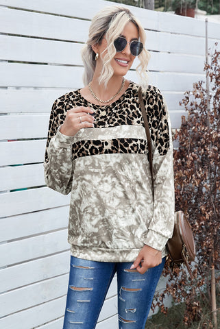 Tie-Dye Leopard Round Neck Sweatshirt
