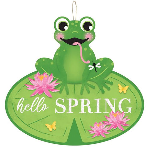 12”Lx11”H Spring Frog Glitter Sign  Grn/Pnk/Ylw/Blk/Wht
