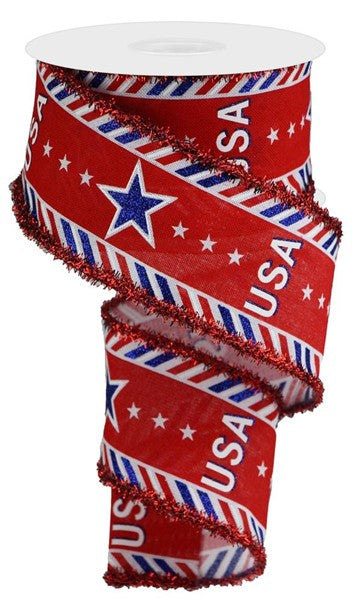 2.5"X10 yd USA/Diagonal Border/Tinsel ribbon , America ribbon