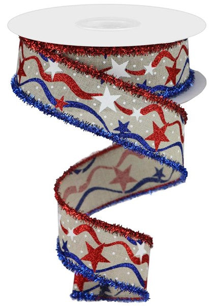 1.5"X10yd Star/Wavy Stripe/Royal/Tinsel , Americana ribbon