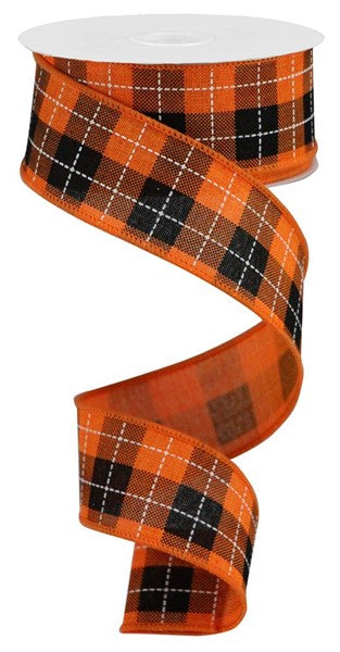 1.5" X 10Yd Printed Woven Check On Royal orange and black