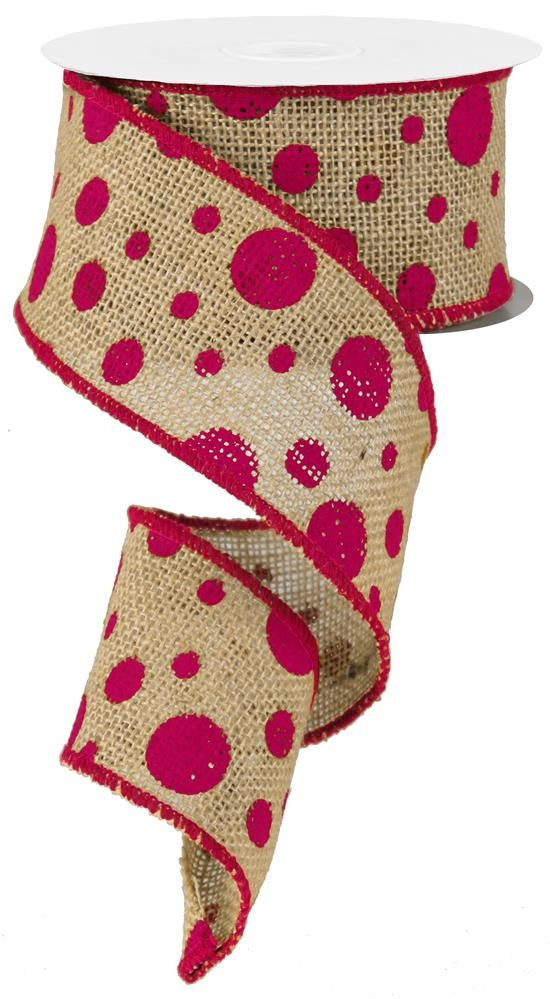 2.5" X 10 YD Polka Dot / Burlap Natural/ Fuchsia ribbon