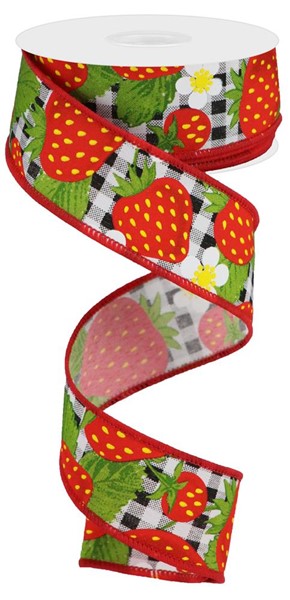 1.5" x 10 yard Strawberries on Check ribbon