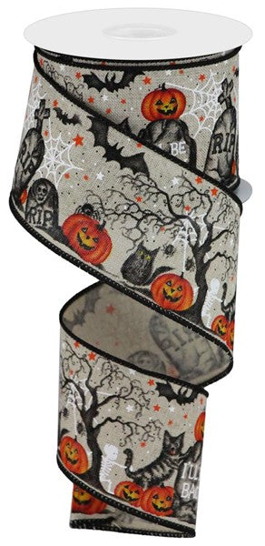 2.5" x 10 yard graveyard pumpkin on royal , Halloween ribbon
