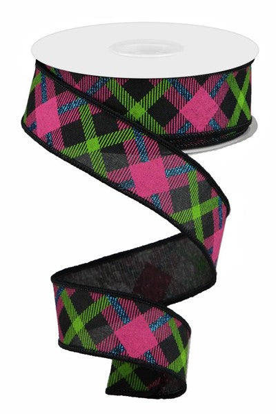 1.5"X10Yd Printed Plaid On Royal Black/Lime/Hot Pink/Blue RGA143202