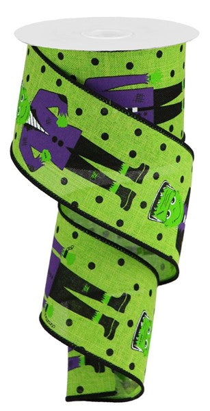 2.5"X 10 yd Frankenstein On Royal W/Dots  Green/Purple/Black