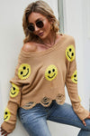 Smiley Face Distressed Round Neck Sweater