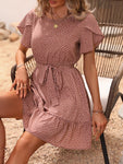 Printed Tie-Waist Petal Sleeve Ruffle Hem Dress