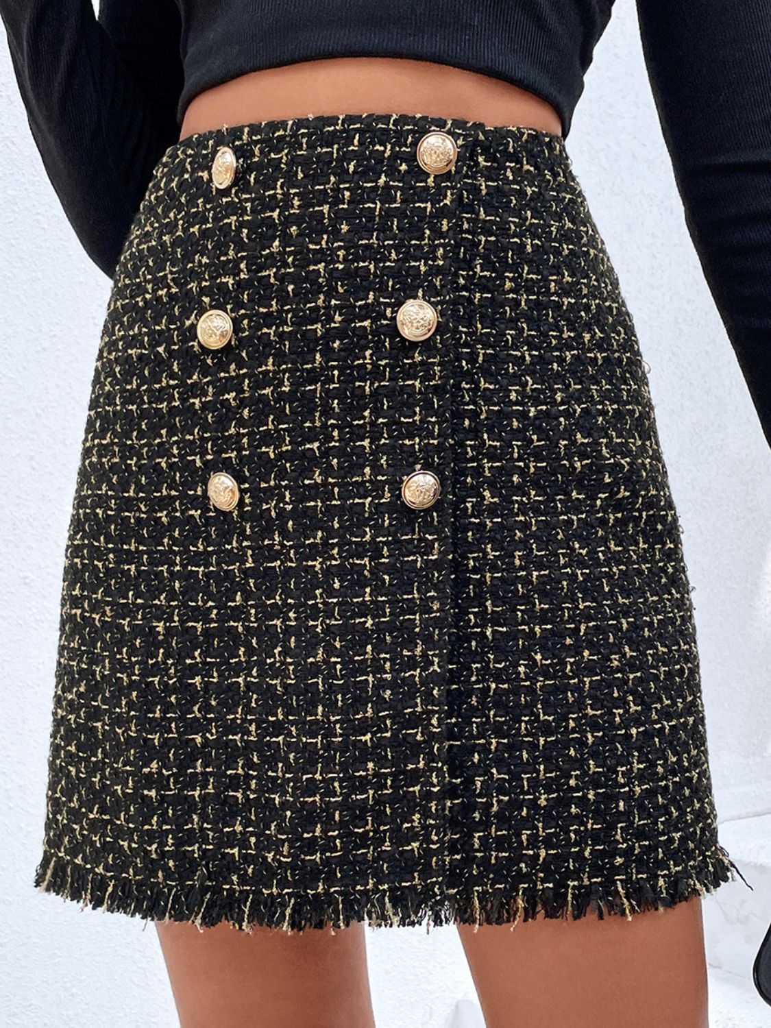 Plaid Double-Breasted Fringe Hem Skirt
