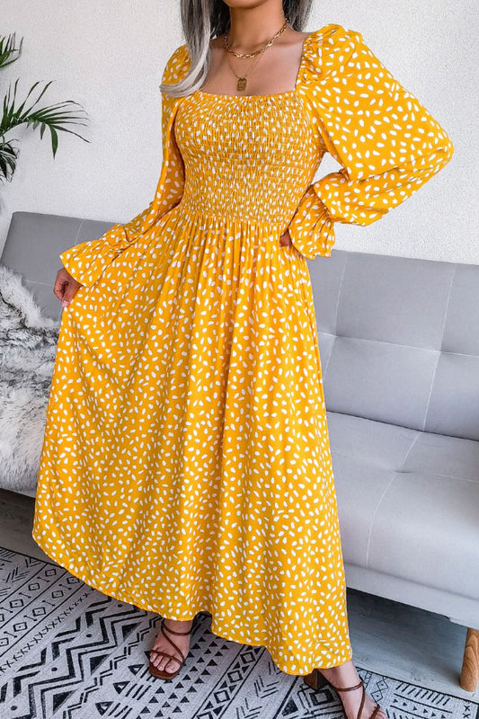 Printed Smocked Flounce Sleeve Maxi Dress