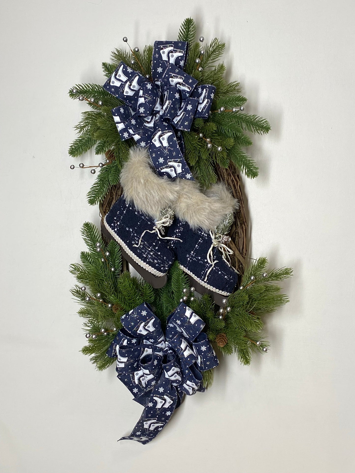 Blue and white ice skate wreath, Winter wreath