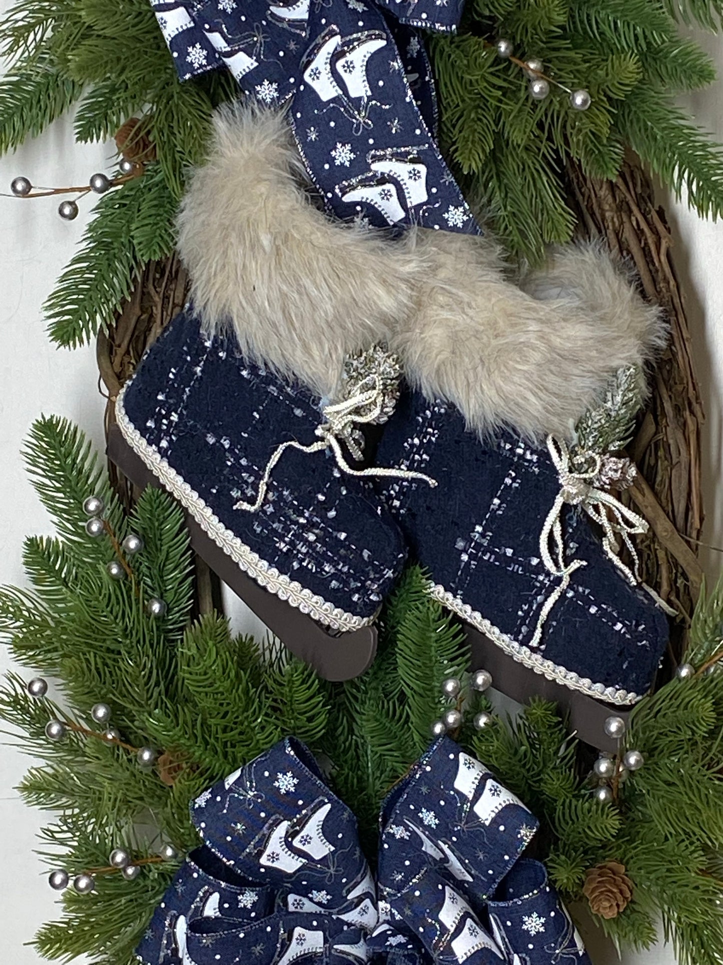 Blue and white ice skate wreath, Winter wreath