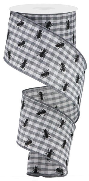 2.5"X 10 YD Pinic ants on gingham gray/wh/black ribbon ,