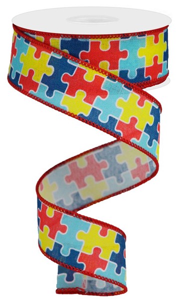 1.5"X 10 yd Puzzle Pieces On Royal
